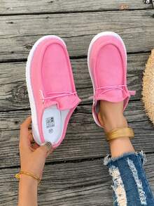 Solid Color Corduroy Flat Mule Slippers, Lace-Up Round Toe Low-Top Design, Sweet & Cool Style, Eye-Catching For Daily Wear, Suitable For All Seasons - Hot Pink - View 5