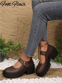 Foot Flair 女士玛丽珍厚底粗跟踝带高跟鞋 Y2K 哥特洛丽塔牛津鞋经典舒适校服正装鞋，尺码偏小一码 - 棕色 - 查看 3