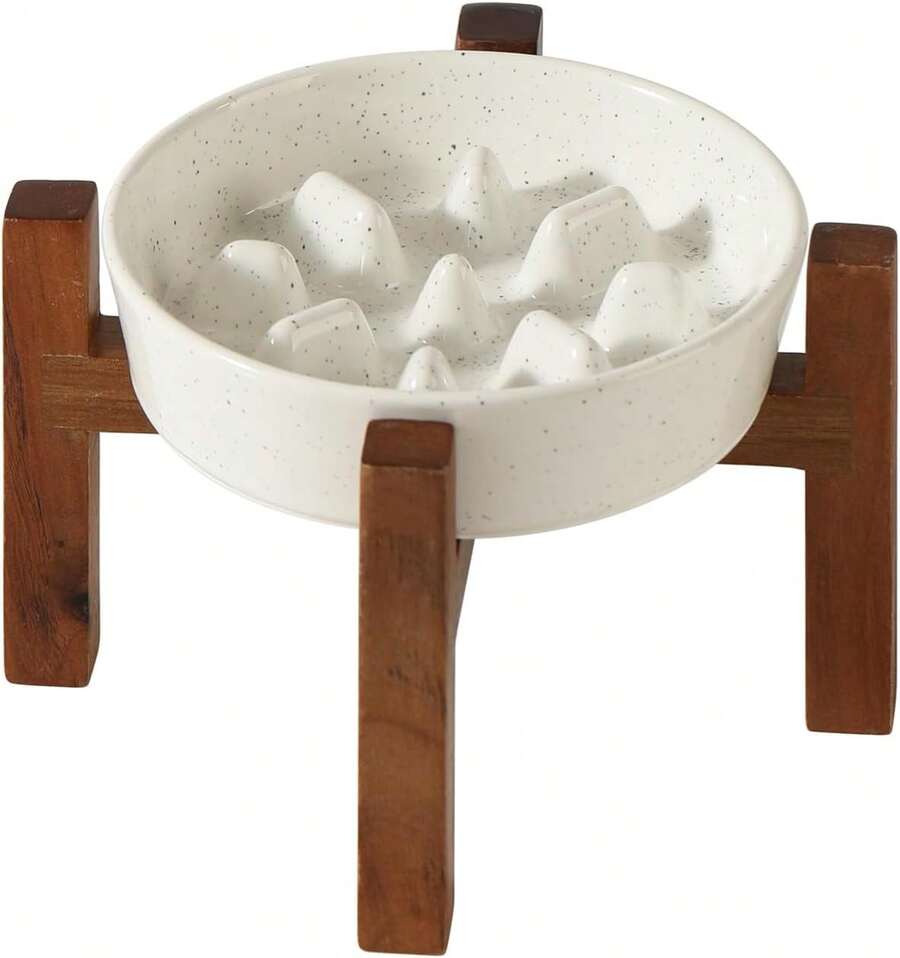 Ceramic Raised Slow Feeder Dog Bowl Set With Acacia Wood Stand - 1 x 香草白 + 支架 - C - 查看 1