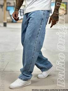Men's Balloon Jeans, Baggy Skater Style, Wide Leg, Stonewashed, Streetwear - Xanh nhạt - Xem 2
