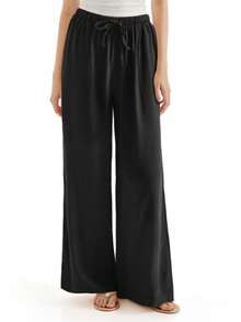 OMKAGI  Women's Linen Wide-Leg Pants With Pockets - Loose And Casual Long Pants For Home Wear Walking Around Vacation Beach Wear - màu đen - Xem 11