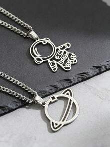 2 piezas Conjunto de collar con colgante de astronauta y planeta de acero inoxidable hueco, regalo para parejas - Plateado - Ver 6