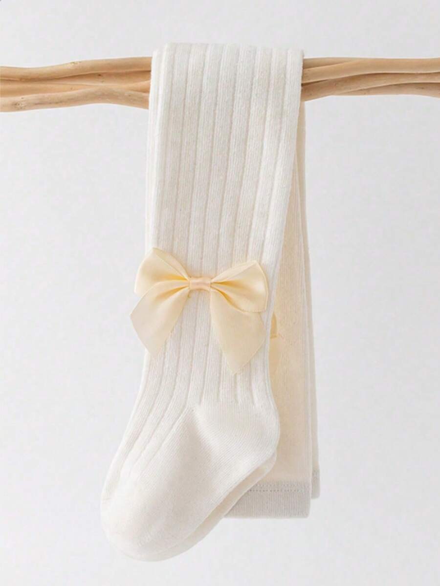 女童舞蹈紧身裤，婴儿竖条纹蝴蝶结设计，适合春秋季穿着 - 白色 - 查看 1