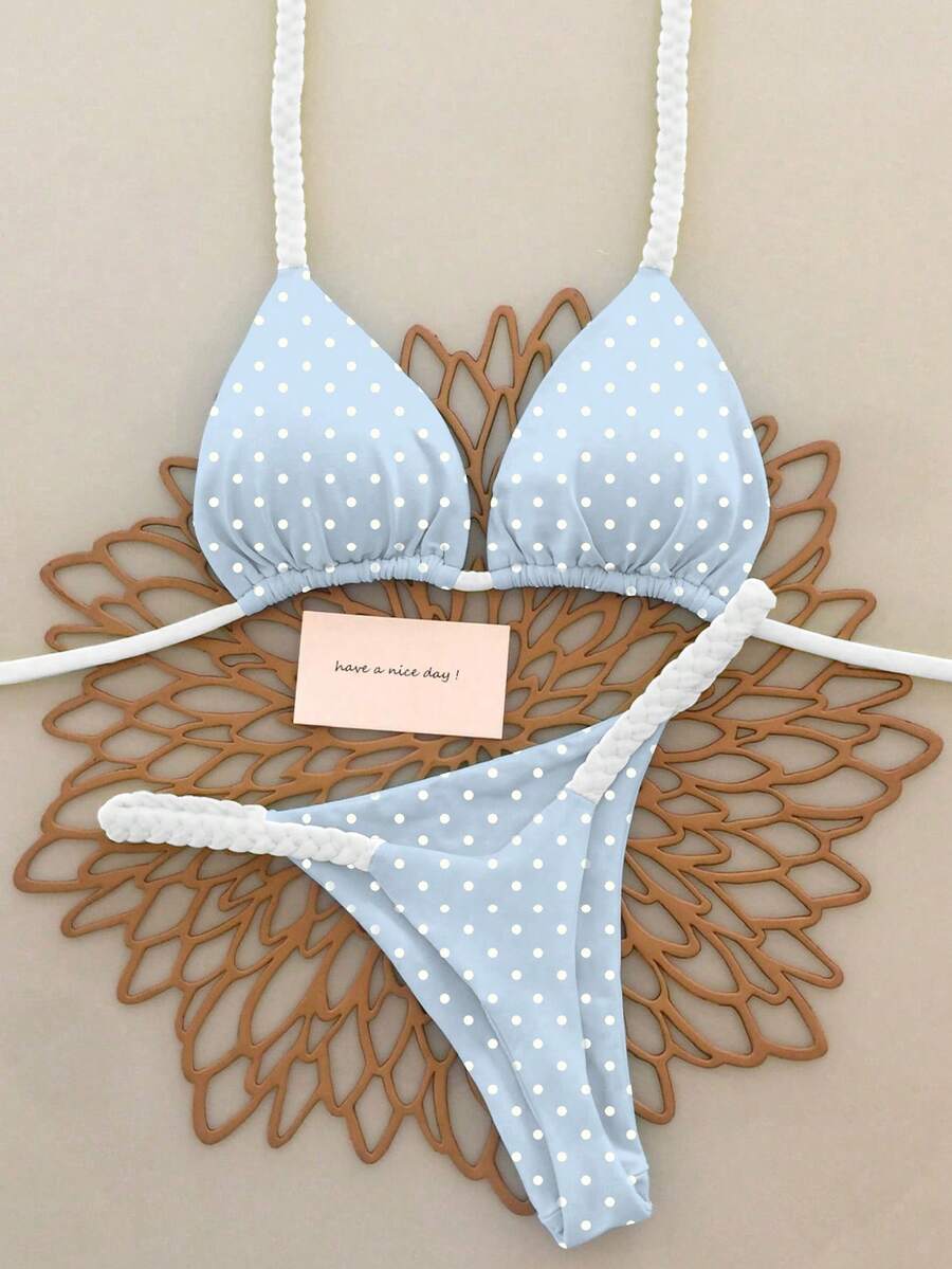 Bộ bikini hai mảnh dây đeo chấm bi xanh dương dành cho nữ năm 2026, kiểu dáng ngọt ngào và tươi mới, phối màu gợi cảm, thích hợp mặc đi biển mùa hè, váy sinh nhật cho nữ, đồ tập thể dục cho nữ, váy thanh lịch cho nữ, trang phục đi nghỉ mát cho nữ, áo thun thường ngày cho nữ. - Nhiều màu - Xem 1