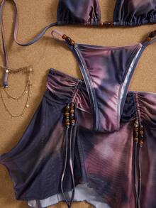 3件套女士扎染印花露背比基尼套装，带流苏串珠装饰，薄纱印花沙滩裙，适合海滩、度假和夏季泳池派对。 - 彩色 - 查看 5