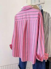 Women's Striped Button-Up Long Sleeve Casual Shirt With Pockets, Office/Work Wear Spring - Hot Pink - View 2