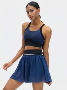 Leorrey Women's Fashion Contrast Color Ribbed Crew Neck Hollow-Out Back Camisole High Waist Mesh Pleated Anti-Exposure Lining Skirt Set - Blue - View 7
