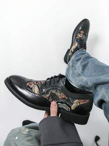 男士黑色民族风新款中式刺绣雕花布洛克商务休闲鞋英伦正装鞋 - 黑色 - 查看 6