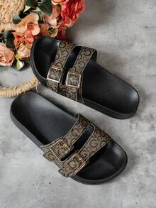 Sandali infradito alla moda, morbidi e confortevoli, minimalisti e versatili, con decorazione a catena, adatti per uso interno/esterno, ciabatte casual piatte da donna - Castano - Visualizzare 6