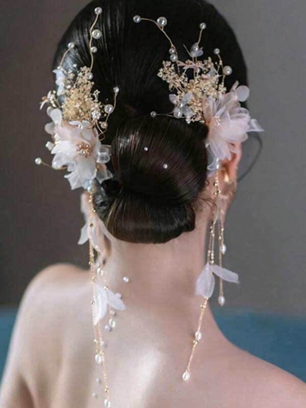 2pcs High-Quality Romantic Sweet Pearl Chain & Rhinestone Hair Accessories, Suitable For Brides And Wedding Parties, Eid Mubarek