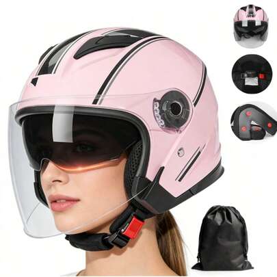Casco de motocicleta para adultos, doble visera 3/4, protección solar de cara abierta, protector solar para scooter, bicicleta de calle y bicicleta de tierra,mantiene el calor contra el viento en invierno, Casco de Media Cara para Hombres y Mujeres