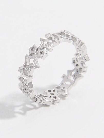 1pc Elegant & Chic 925 Silver Hollow Star Stacking Ring With Artificial , Romantic Gift For Women, Suitable For Dating, Wedding, Daily Wear To Enhance Elegant