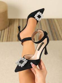 Black Crystal Stiletto High Heel Sandals, Versatile Elegant Pumps For Casual, Commute, Office, Nightclub, Wedding, Outdoor, Suitable For Spring/Summer - Black - View 4