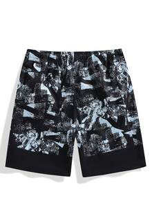 男士几何印花沙滩短裤，休闲日常穿着及度假之选 - 黑色 - 查看 5