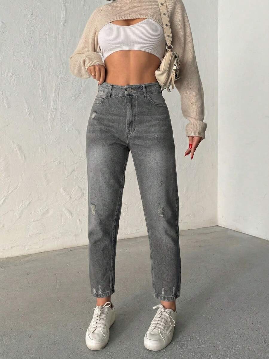 Jeans Boyfriend/Mamá con cintura alta, rodilla láser rasgada, de unicolor, con bolsillos asimétricos/asimétricamente destruidos - Gris Oscuro - Ver 1