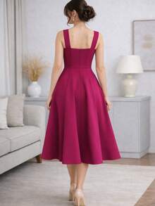 Women's Midi Dress With Square Neckline And Defined Waist - 玫瑰紅 - 查看 3