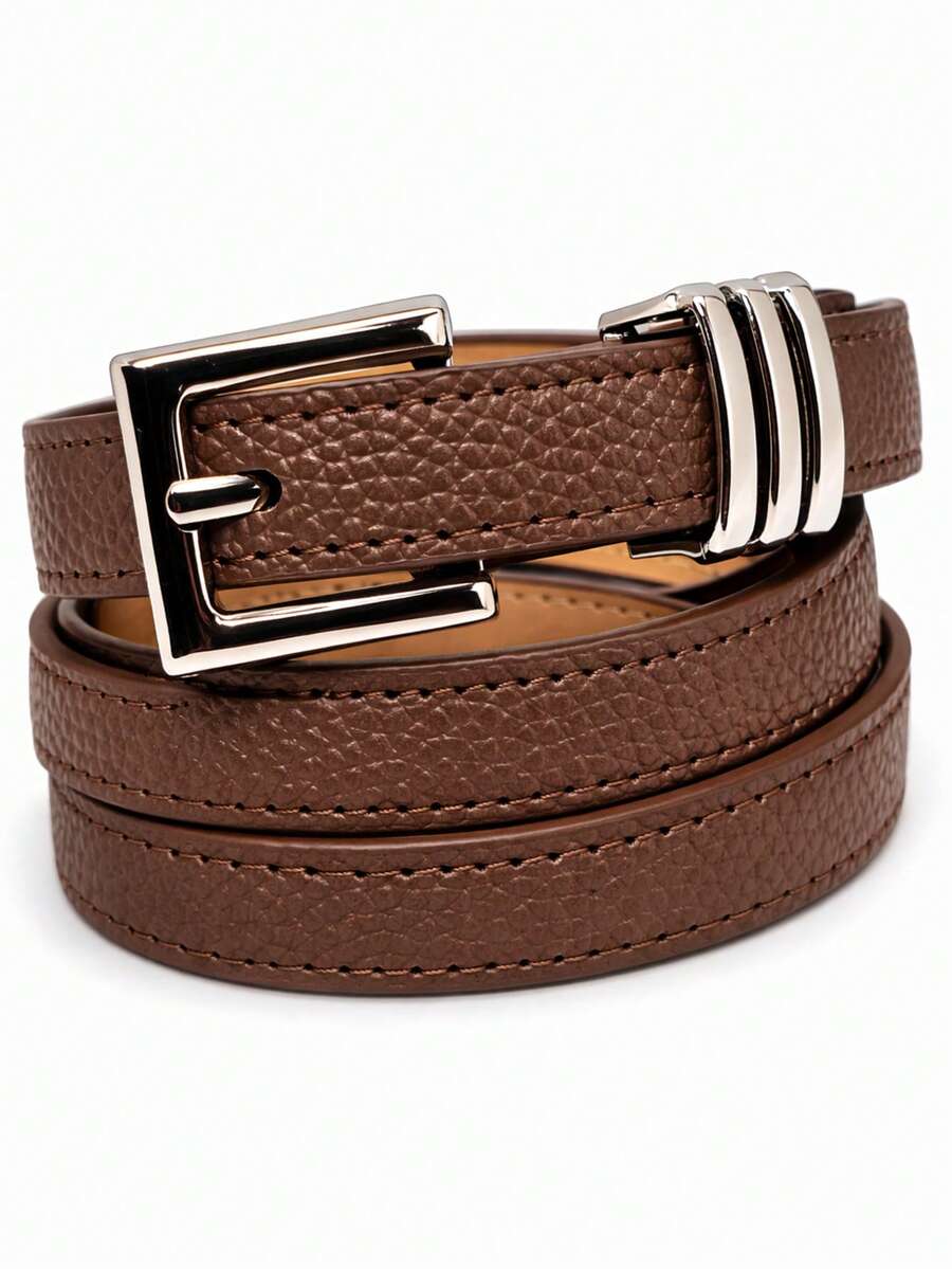1 Piece Of Women's Thin Brown Belt With Silver Buckle, Classic Metal Style, Versatile, Premium PU Leather With High Durability, 113 Cm Length X 2.5 Cm Height. - Rỉ Nâu - Xem 1