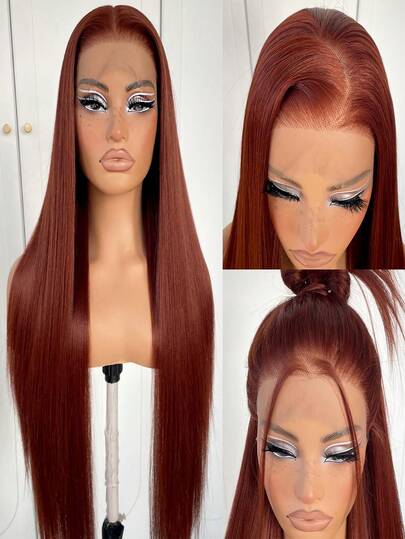 13x4 Reddish Brown Lace Front Wig Pre-Plucked Glueless Straight HD Lace Front Wig Synthetic Red Brown Long Straight Lace Front Wig 28inch