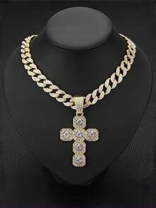 1pc Hip Hop Rhinestone Cross Cuban Chain Necklace, Men's Street Dance Outfit Accessory, Street Style, Music Festival Jewelry - Multicolor 5 - View 2