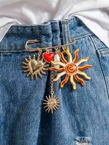 1pc INS Exaggerated UV Sun & Heart Pendant Brooch, Creative Multi-Element Waist Cincher Clip - Multicolor - View 1