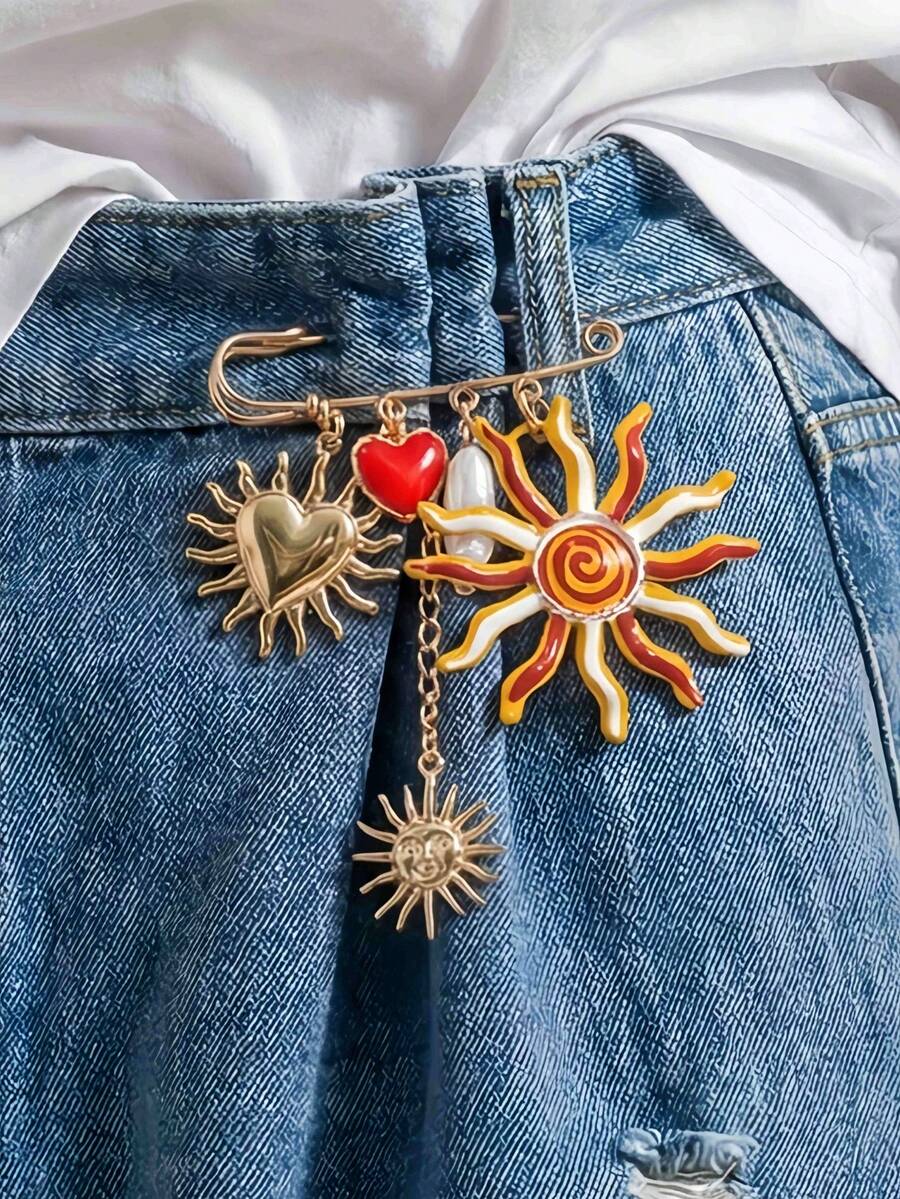 1pc INS Exaggerated UV Sun & Heart Pendant Brooch, Creative Multi-Element Waist Cincher Clip - Multicolor - View 1