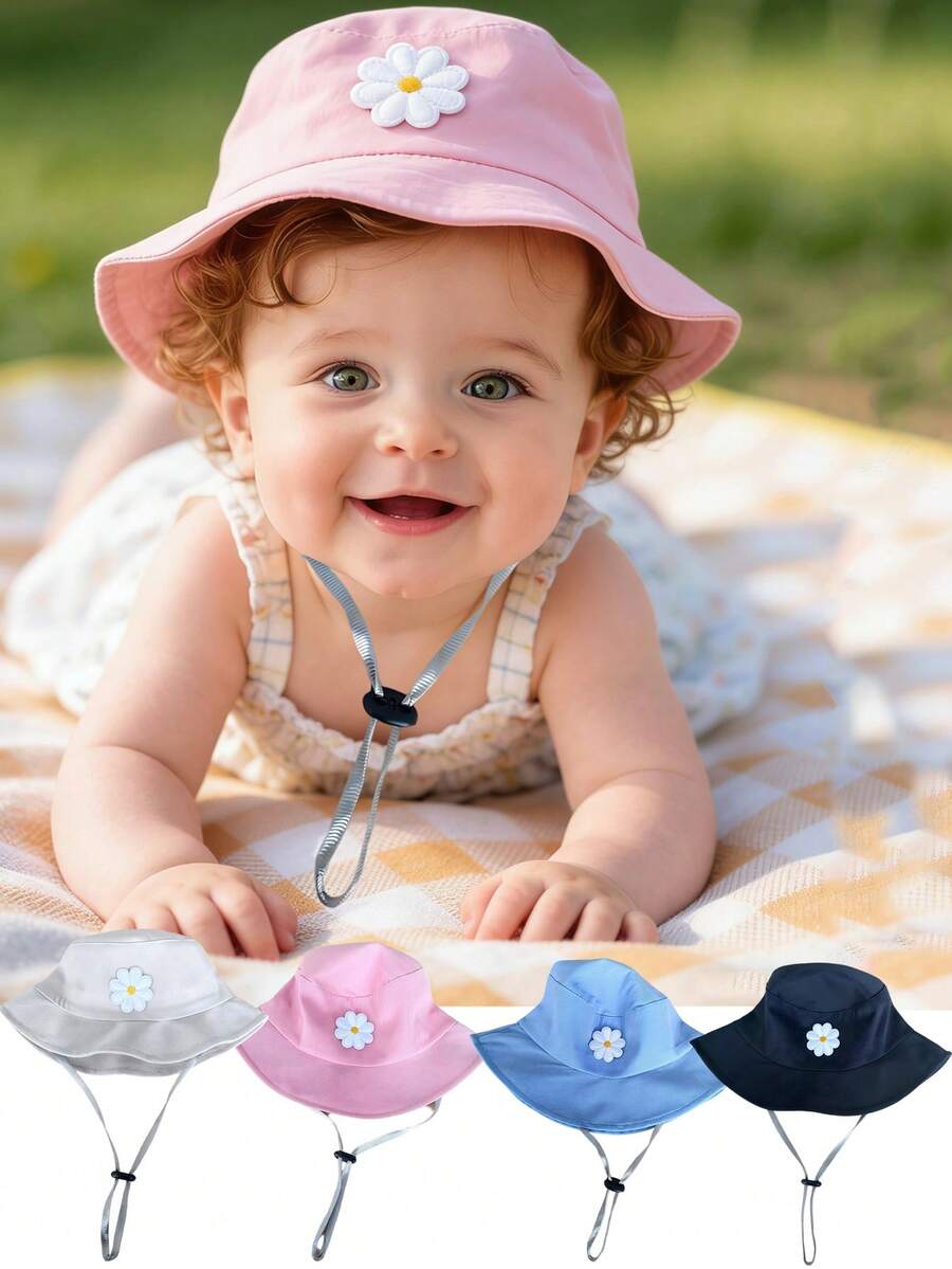 可调节防晒帽，带下巴系带，适合泳池边、度假日、海滩、公园和日常佩戴 - 白花 - 查看 1