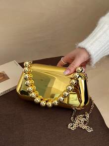 前卫亮金色女士手拿包，硬盒形晚宴包，钱包，串珠手柄，金属链条肩带，女士礼物，适合派对、节日和宴会 - 金色 - 查看 6