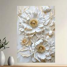 1pc White Floral Wall Art Canvas Print, Frameless Modern Abstract Golden Accents Decor, Canvas Poster For Living Room And Bedroom - No Frame - 222 - View 3