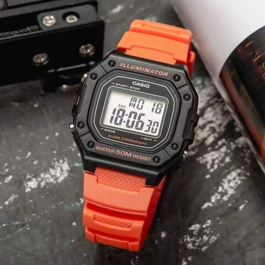 Casio W-218H Orange Square Digital Watch 50M Waterproof 7-Year Battery Life LED Light Multifunctional Student Sports Wristwatch - one-size - View 1