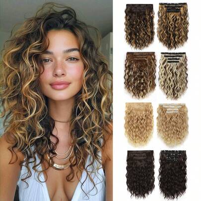 Bộ 4 miếng/11 miếng tóc nối kẹp, tóc giả ngắn 12 inch mềm mại tự nhiên, sợi tổng hợp chịu nhiệt cao, tóc xoăn gợn sóng dành cho nữ, hiệu ứng vô hình, màu nâu sô cô la pha vàng mật ong, tóc nối kẹp xoăn, thích hợp cho sử dụng hàng ngày và các bữa tiệc Halloween/Giáng sinh.