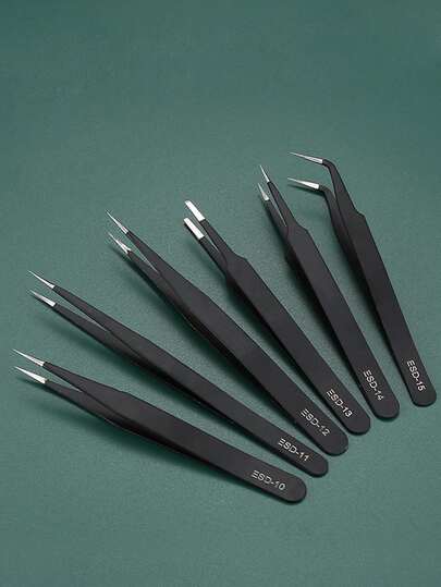 6件套精密镊子套装，防静电不锈钢镊子，适用于手工制作、实验、维修工具