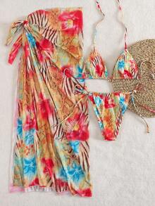 3pcs Women's Sexy Floral Print Bikini Set With Tie-Up Back And Mesh Skirt, Summer Vacation Beach - 多色 2 - 查看 6