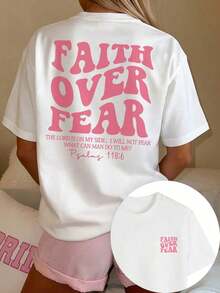 1pcs Plus Size Women's T-Shirt, Printed With "FAITH OVER FEAR" And Bible Verse Designs On The Back, Suitable For Church Services, Religious Activities - 白3 - 查看 17