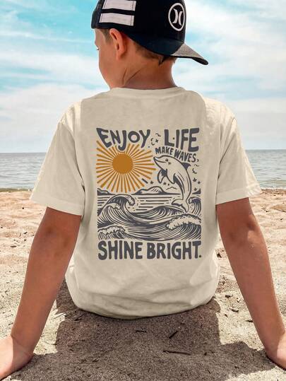 1pc Boys' Summer Beach Style Dolphin & Sun Print Short Sleeve T-Shirt, Children Casual Breathable Crew Neck Top, Holiday Vibe