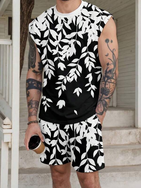 Men's Leaf Print Round Neck Sleeveless Tank Top And Shorts Set