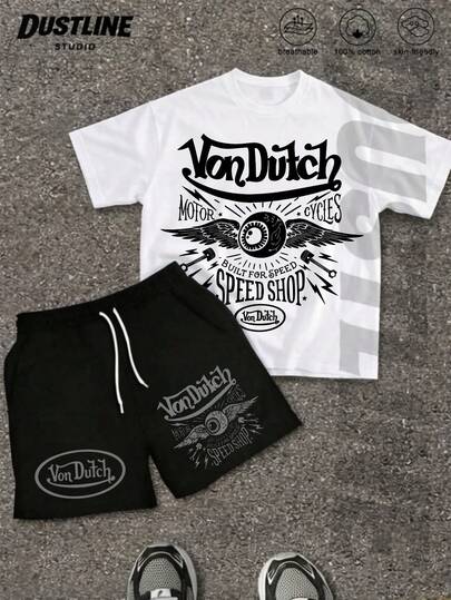 Mens White Creative T Shirt And Shorts Set American Vintage Full Print Street Wear Essential T Shirt Set Men Graphic T Shirt And Shorts Set Vonn Dutch Motor Cycles Built For Speed Speed Shop Print
