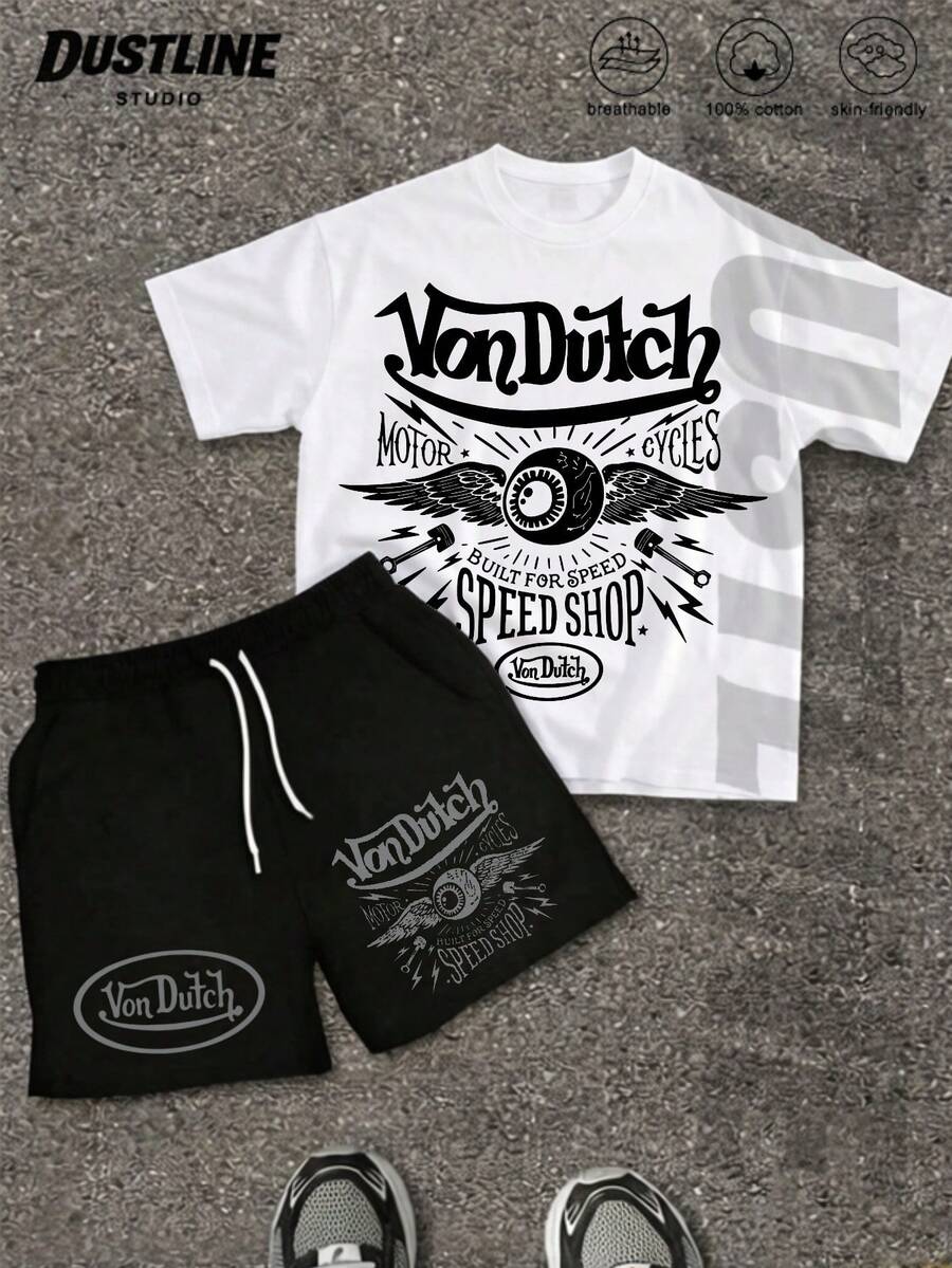 Mens White Creative T Shirt And Shorts Set American Vintage Full Print Street Wear Essential T Shirt Set Men Graphic T Shirt And Shorts Set Vonn Dutch Motor Cycles Built For Speed Speed Shop Print - 白色 - 查看 1