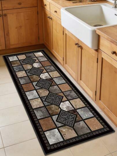 1pc Vintage American Style Kitchen Runner Rug, Home Entryway Hallway Carpet, Linen-Like Material, Wooden Decor, Washable Kitchen Mat, Suitable For Kitchen, Entryway, Bar, Laundry Room, Hallway And More