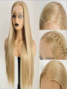 金色蕾丝前假发，预先拔毛发际线，长款假发，适合，无需胶水，直发，金色蕾丝前合成假发，耐热纤维，24英寸 - 彩色 - 查看 5