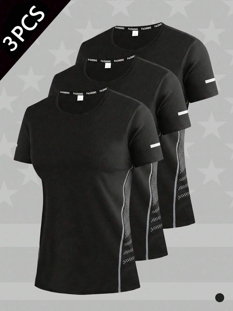 3pcs Women's Quick Dry Workout T-Shirts - Short Sleeve Stretch Athletic Tops For Running, Yoga, Fitness Black Summer - Black - View 1