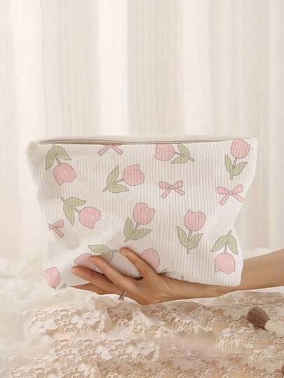 郁金香图案灯芯绒化妆包，拉链化妆袋，大容量旅行收纳包，适用于口红、化妆刷、护肤品、手机、零钱、泳衣、小物件等，多用途，可用于居家、送礼、节日、洗漱包、学生化妆包、返校季、化妆品和洗漱用品收纳、学习用品、收纳袋、房间装饰，适合女孩、女士、妈妈、姐妹、老师，母亲节礼物，春季装饰，旅行必备。