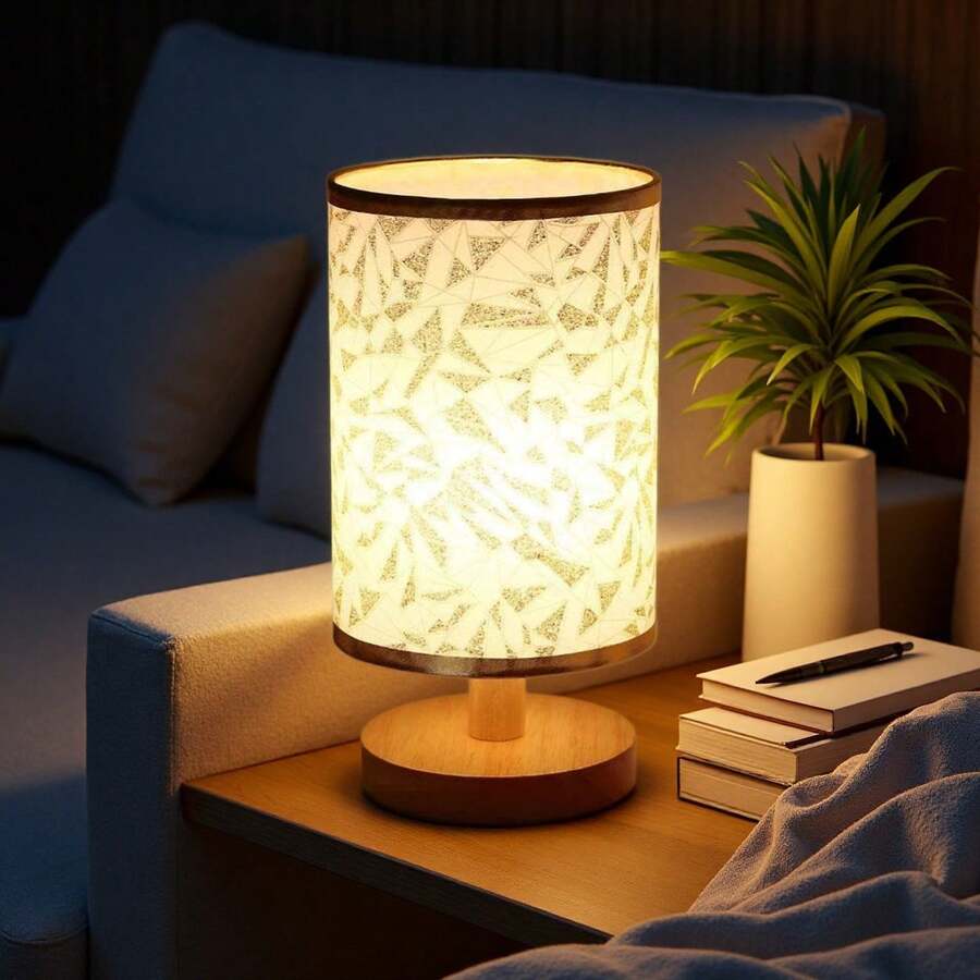 1pc Modern Nordic Wood Frame Linen Lamp, Warm LED Lamp For Bedroom, USB Powered, Creative Bedside Light, Suitable For Bedroom, Living Room, Dining Room, Study - Triangle Pattern - View 1