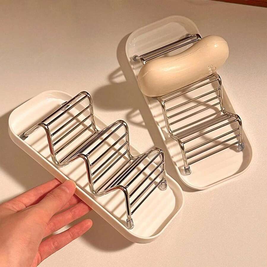 1pc Stainless Steel Soap Dish With Tray, Wavy Multi-Function Bathroom Storage Rack, Soap Holder - Soap Dish - View 1