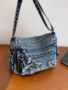 牛仔休闲帆布斜挎包，星形图案单肩包，复古方形包，时尚百搭学生包 - 藍色 - 查看 3