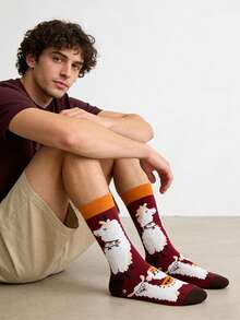 1 双男士酒红色撞色羊驼毛图案中筒袜，四季皆宜 - 彩色 - 查看 6