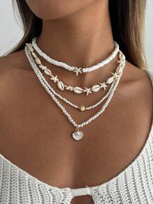 Set de 4 collares multicapa con cuentas de perla falsa, arcilla suave, concha y estrella de mar con estilo de vacaciones oceánicas, elegante y lujoso, adecuado para boda, fiesta, vacaciones, casual, estilo callejero, mujeres y parejas, regalo de vacaciones y cumpleaños - collar - Ver 8