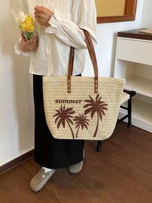 SIMUTINE 女士度假风草编手提包，夏季新款大容量单肩包，艺术编织沙滩旅行包，草编材质，适合日常使用、购物、通勤、大学等场合。 - 米色 - 查看 5