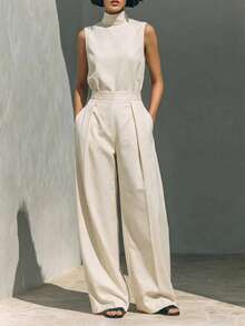 Bộ đồ nữ tối giản gồm áo không tay và quần ống rộng làm từ chất liệu cotton và lanh. - Màu Khaki - Xem 1