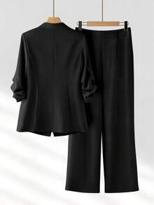Bộ đồ nữ mùa xuân/hè kiểu dáng thường ngày, thiết kế xếp ly, tay lỡ 3/4, dáng rộng, cài một hàng khuy và quần ống rộng màu đen. - màu đen - Xem 2