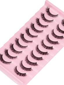 10 Pairs Short 3D Faux Mink Lashes, Create Cat Eye Makeup Effect, Long & Thin, Soft & Natural Looking Fake Lashes, Strip Eyelashes - Black - View 2